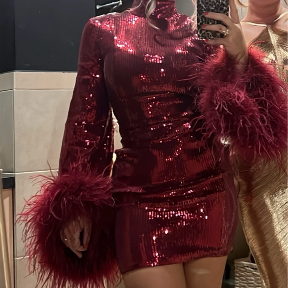 Club London Burgundy Sequin Mini Dress with High Neck and Feathered Sleeves - Picture 3 of 3